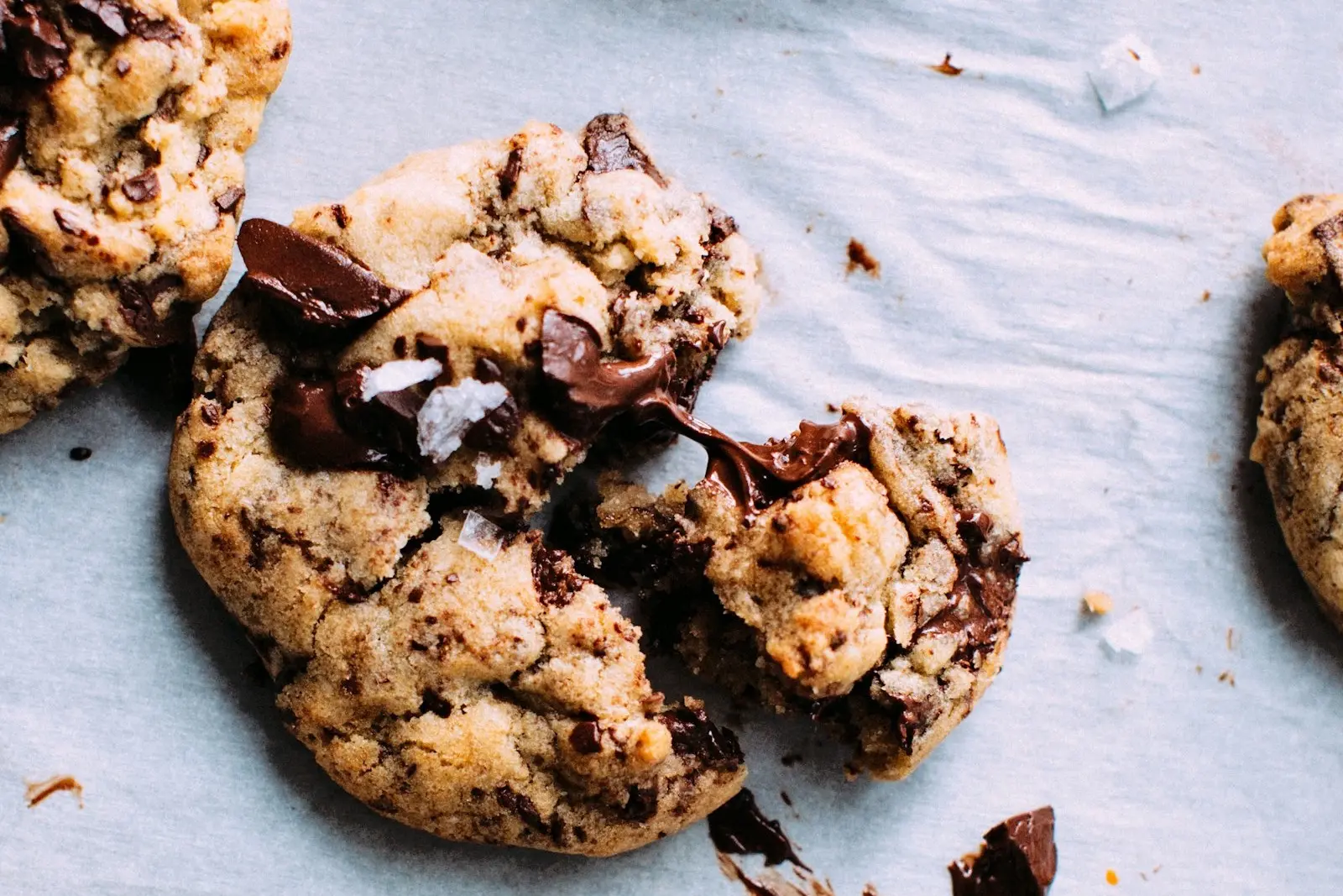 Close-up of chocolate chip cookies on baking paper